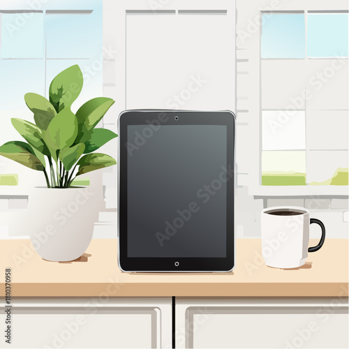 Tablet Mockup on Kitchen Counter with Plant and Coffee.