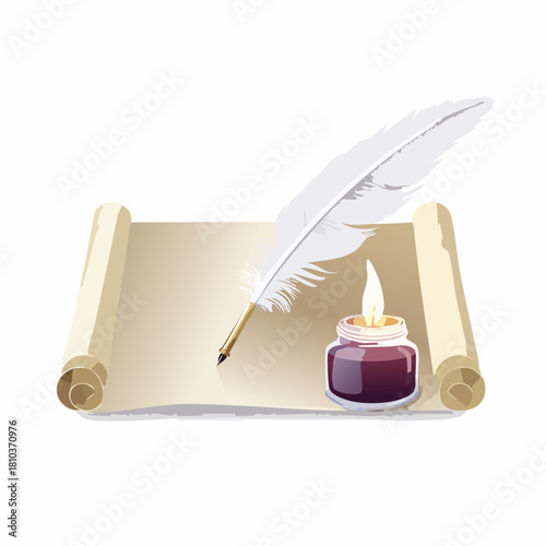 Vintage Quill Pen Inkwell and Scroll Paper for Writing.