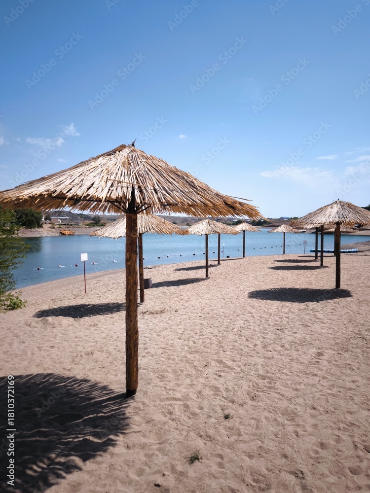 Fototapeta premium Row of straw umbrellas on a sandy beach