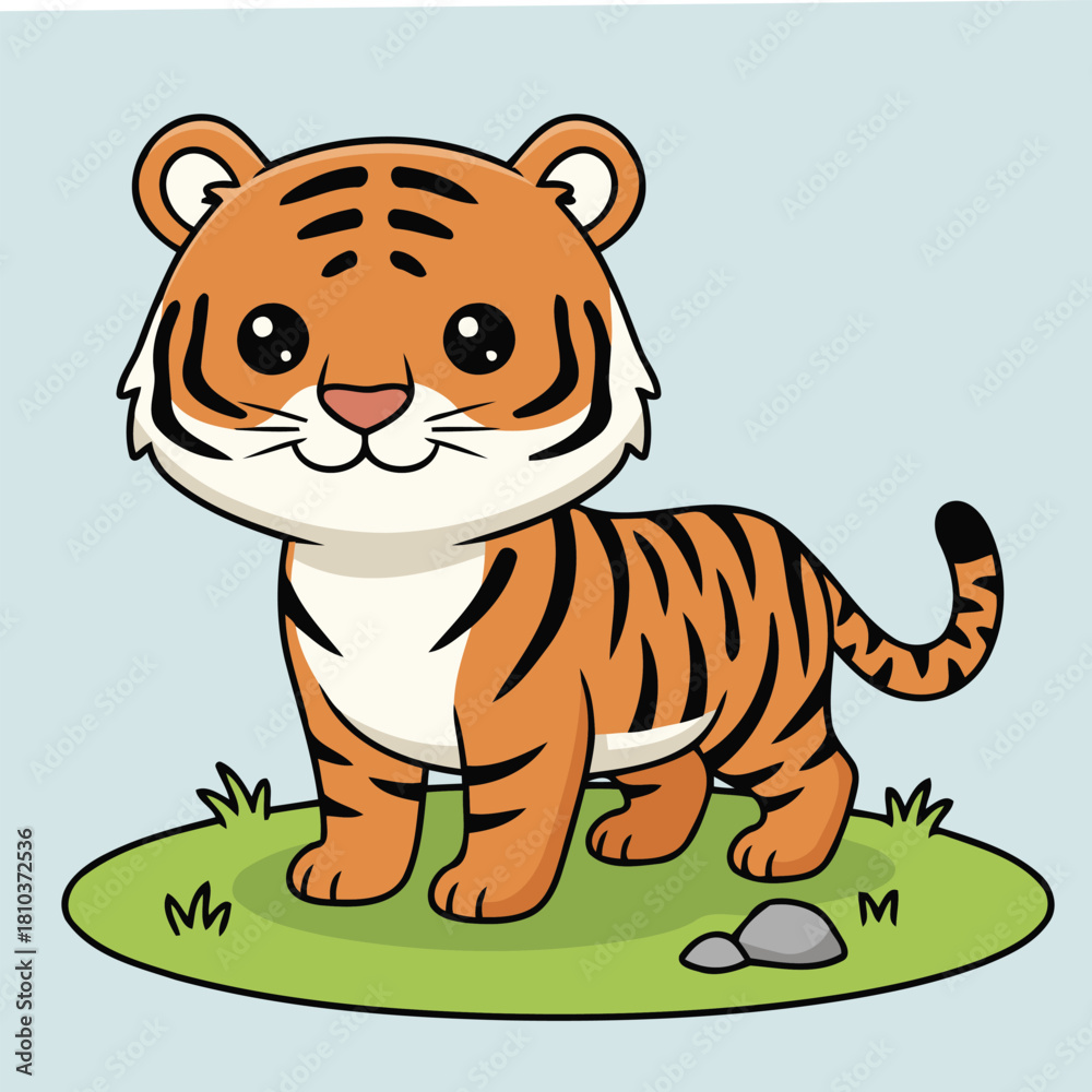 Obraz premium Cute Indochinese Tiger Cub Standing on Grass Happy Wild Cat Character Vector Illustration