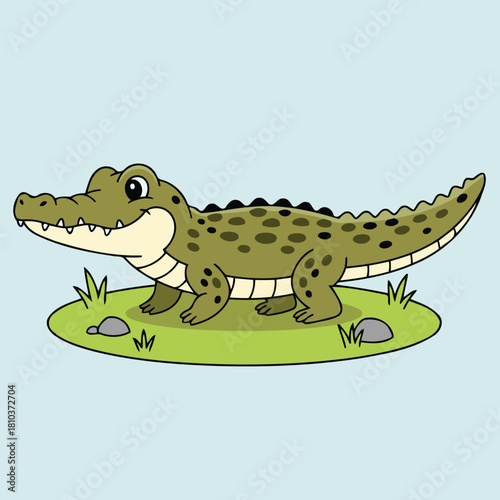 Cute Orinoco Crocodile (Crocodylus intermedius) standing on grass, green reptile animal character in flat design style vector illustration