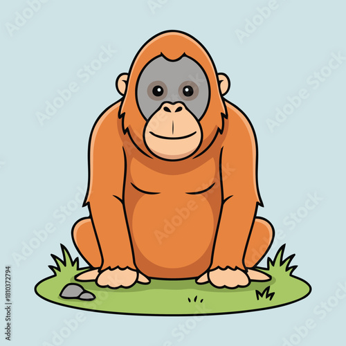 Cute Bornean Orangutan (Pongo pygmaeus) sitting on grass, happy cartoon primate animal character in flat design style vector illustration