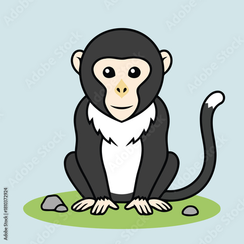Cute Tonkin Snub Nosed Monkey (Rhinopithecus avunculus) sitting on grass, endangered primate animal character in flat design style vector illustration