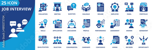 job interview icon set collection in solid glyph dual color style. pack contain resume, candidate, employer, question, answer, dialogue, meeting, evaluation, hiring, discussion icon