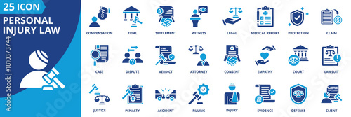 personal injury law icon set collection in solid glyph dual color style. pack contain claim, compensation, lawsuit, evidence, settlement, verdict, consent, justice, ruling, empathy icon