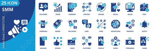 smm icon set collection in solid glyph dual color style. pack contain content, post, share, trend, viral, comment,  likes, follower, story, engage icon