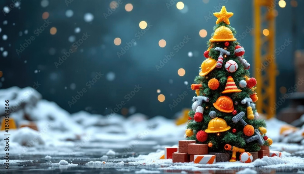 Obraz premium Festive christmas tree with construction theme decoration in winter setting