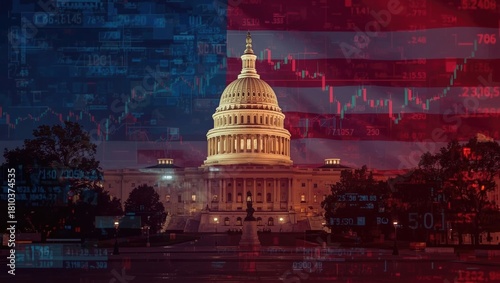 US Capitol with American Flag and Financial Data Overlay
