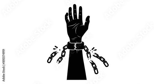 A black silhouette of a raised arm with a hand, breaking free from a metal chain around the wrist, symbolizing freedom and liberation.