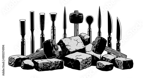 A detailed illustration of stone carving tools and rough stones, depicting the craft of masonry and sculpture.