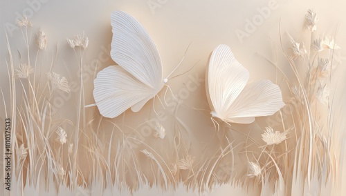 Delicate butterflies amongst light beige grass.