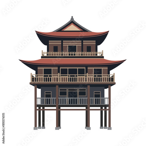Architectural representation of a traditional asian stilt house building