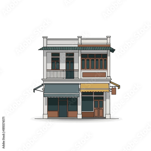 Charming two-story shop house illustration with vibrant storefront awnings