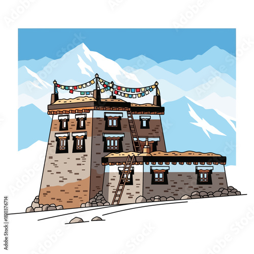 Iconic architecture nestled against a majestic mountainous background