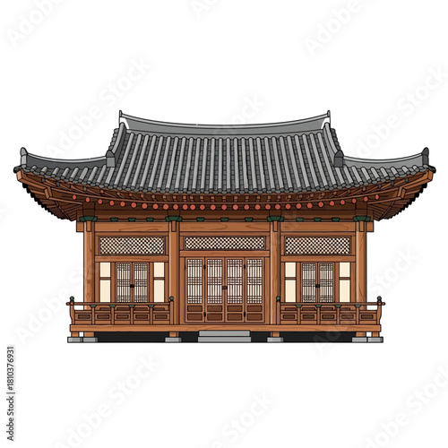 Intricate depiction of a traditional Korean pavilion with elegant architectural elements