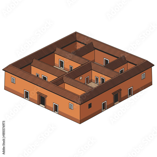 Isometric architectural drawing of a traditional courtyard house complex