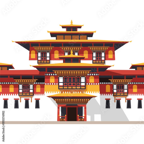 Majestic architecture illustration of traditional Bhutanese building art