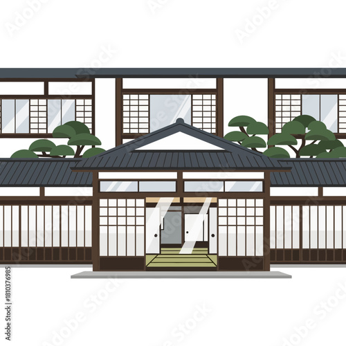 Japanese traditional architecture detailed facade with sliding doors design