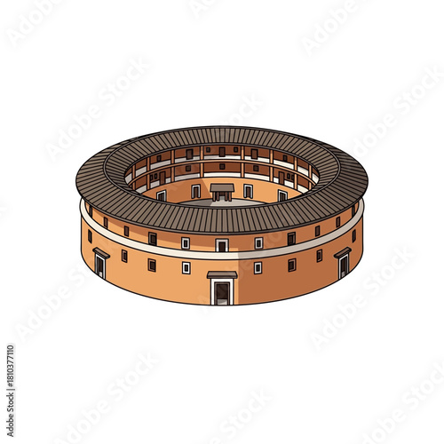 Stylized Illustration of Fujian Tulou, Circular Earthen Building Structure