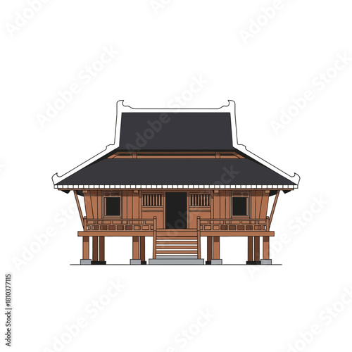 Stylized illustration of a traditional stilt house with intricate details