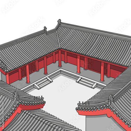 Traditional chinese courtyard house with gray roof and red pillars illustration