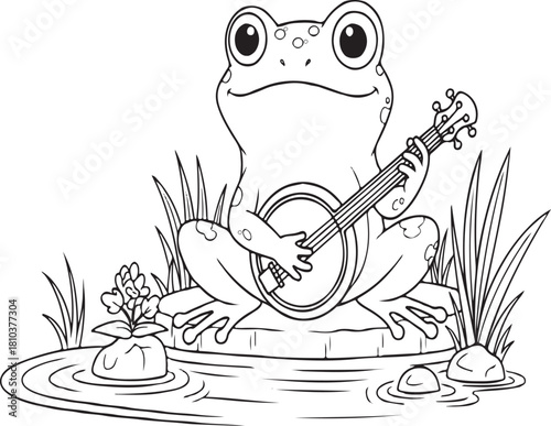 Cartoon frog playing banjo sitting on a lily pad in water amphibian animal