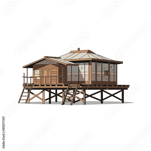 Unique stilt house illustration with timber construction and geometric details