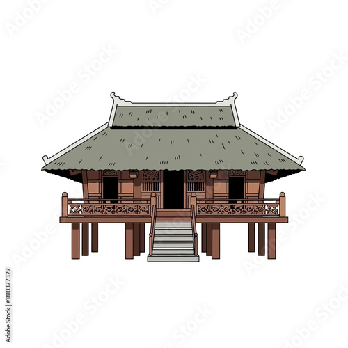 Traditional stilt house illustration with wood carvings and thatched roof