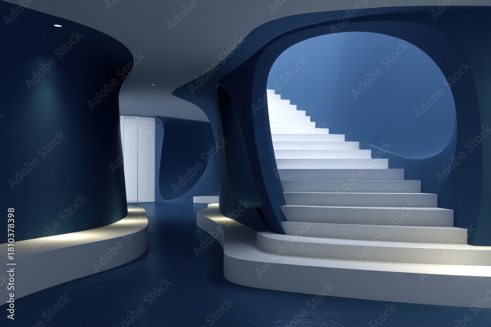 Obraz premium Modern architectural interior with a curved staircase.