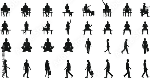 Human silhouette collection featuring men and women sitting on benches, meditating, walking, casual poses, everyday activity vector illustration set