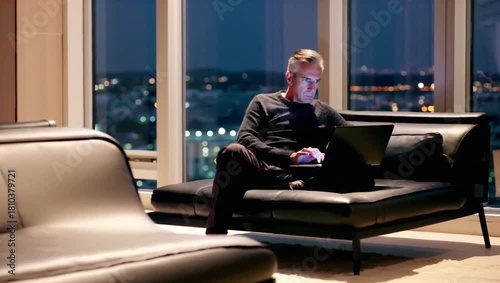 Man working on laptop in luxury apartment with city skyline view at night.