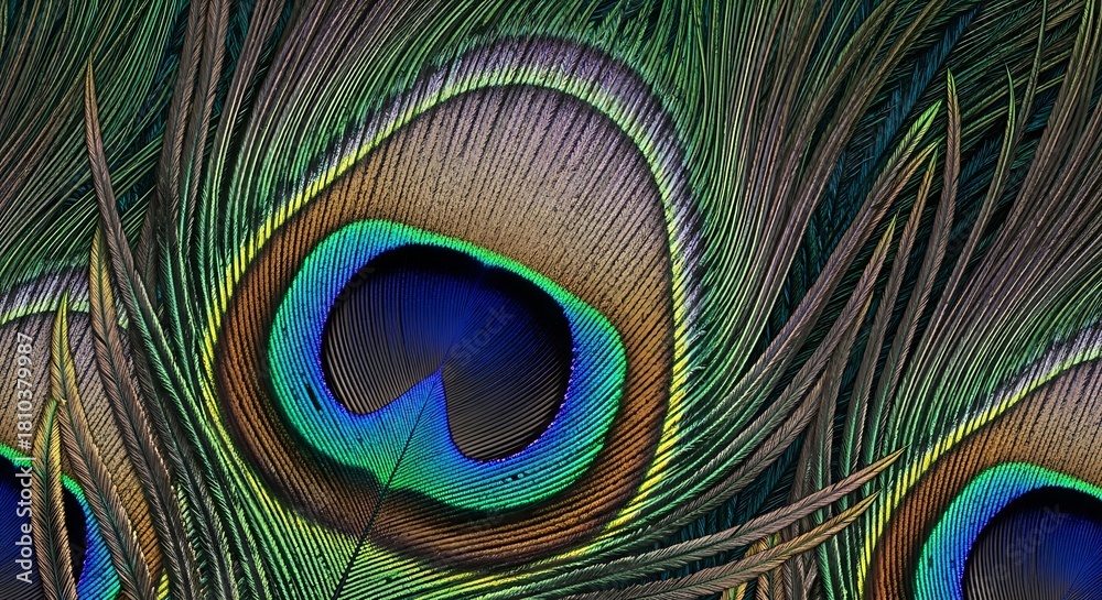 Obraz premium Close-up of iridescent peacock feathers displaying vibrant colors and intricate patterns.