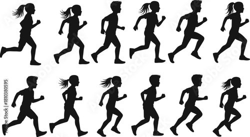 Children running silhouette collection featuring boys and girls in motion, athletic kid poses, jogging, sprinting, active youth vector illustration