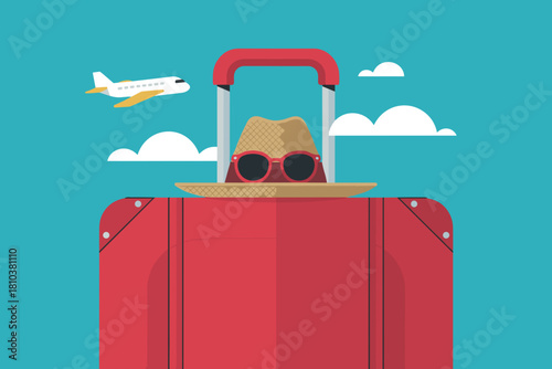 Vibrant Summer Travel Essentials: Bright Red Suitcase with Sunglasses and Straw Hat Against a Fun Sky Background