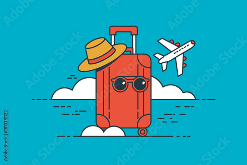 Vibrant Summer Travel Essentials: Bright Red Suitcase with Sunglasses and Straw Hat Against a Fun Sky Background