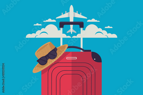 Vibrant Summer Travel Essentials: Bright Red Suitcase with Sunglasses and Straw Hat Against a Fun Sky Background
