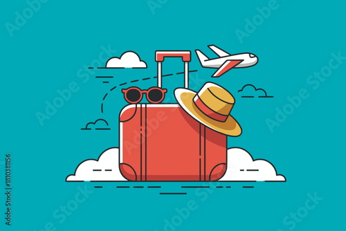 Vibrant Summer Travel Essentials: Bright Red Suitcase with Sunglasses and Straw Hat Against a Fun Sky Background
