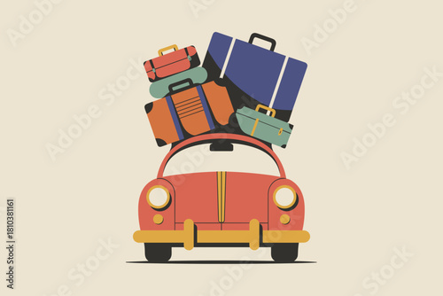 Vintage Road Trip Ready: Classic Car with Colorful Suitcases for Adventure