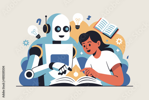 Curious Child Engaging with Educative Robot Over a Colorful Book in a Creative Learning Atmosphere