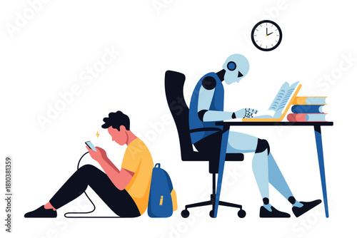Contemporary Study Scene with Student Engaged on Phone while Robot Completes Homework at Desk in Bright, Colorful Setting