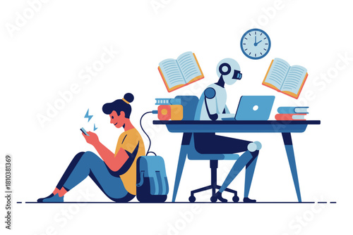 Contemporary Study Scene with Student Engaged on Phone while Robot Completes Homework at Desk in Bright, Colorful Setting