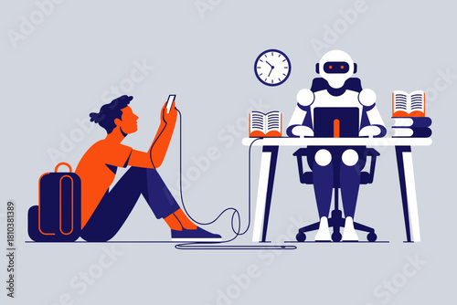 Contemporary Study Scene with Student Engaged on Phone while Robot Completes Homework at Desk in Bright, Colorful Setting
