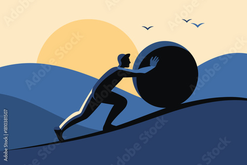 Determined Figure Overcoming Obstacles with a Large Boulder Toward the Summit under a Clear Blue Sky