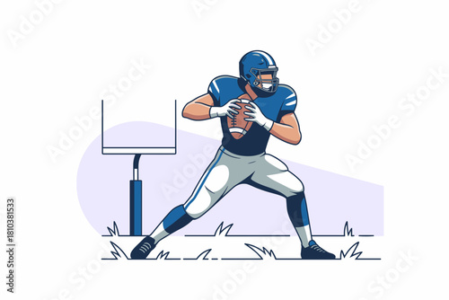 Dynamic Football Player Ready to Pass with Goal Post in the Background in Bold Blue and White Colors