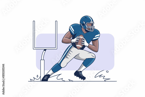 Dynamic Football Player Ready to Pass with Goal Post in the Background in Bold Blue and White Colors