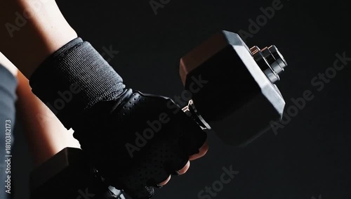 Strong arm in black glove holding a heavy dumbbell during a fitness workout.