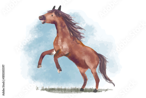 馬のイラスト（年賀はがきサイズ）水再タッチスケッチ風　草原を走る馬