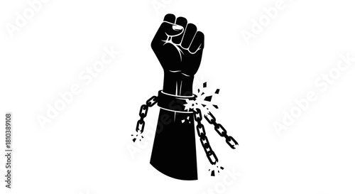 A powerful black silhouette of a raised fist breaking free from a chain, symbolizing freedom and liberation.