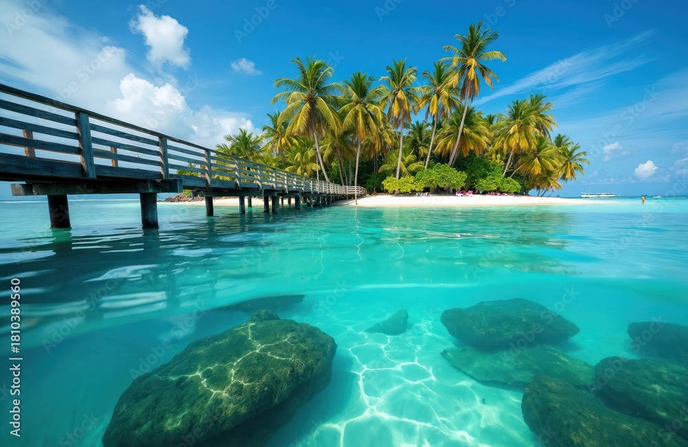 Fototapeta premium Long wooden pier extends to small tropical island with many green palm trees. Clear turquoise ocean water large underwater rocks. White sand beach under bright blue sky. Tourists relax, swim, enjoy