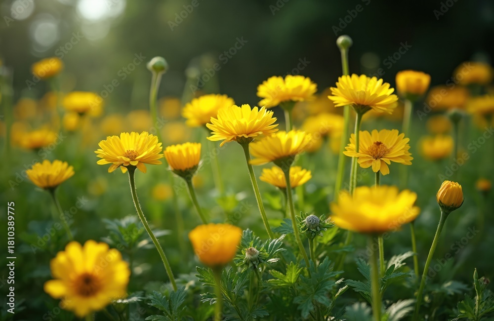 Fototapeta premium Field of bright yellow buttercup flowers in soft sunlight. Green leaves and stems surround numerous blooms, some closed buds. Nature scene with shallow depth of field.